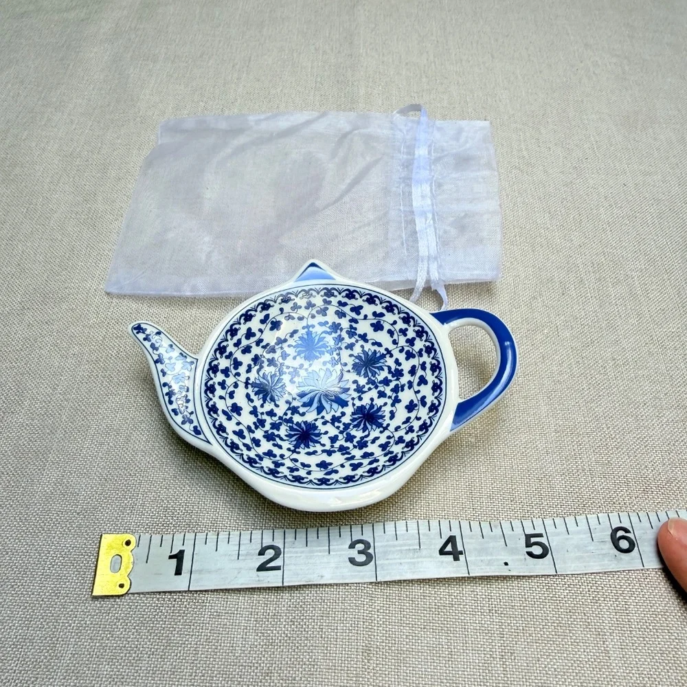 Blue and White Teapot Shaped Teabag Holder in Gift Bag